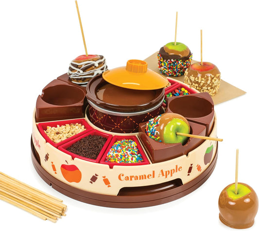 Chocolate & Caramel Fondue Pot, 25 Sticks, Fondue Machine with Decorating and Toppings Trays