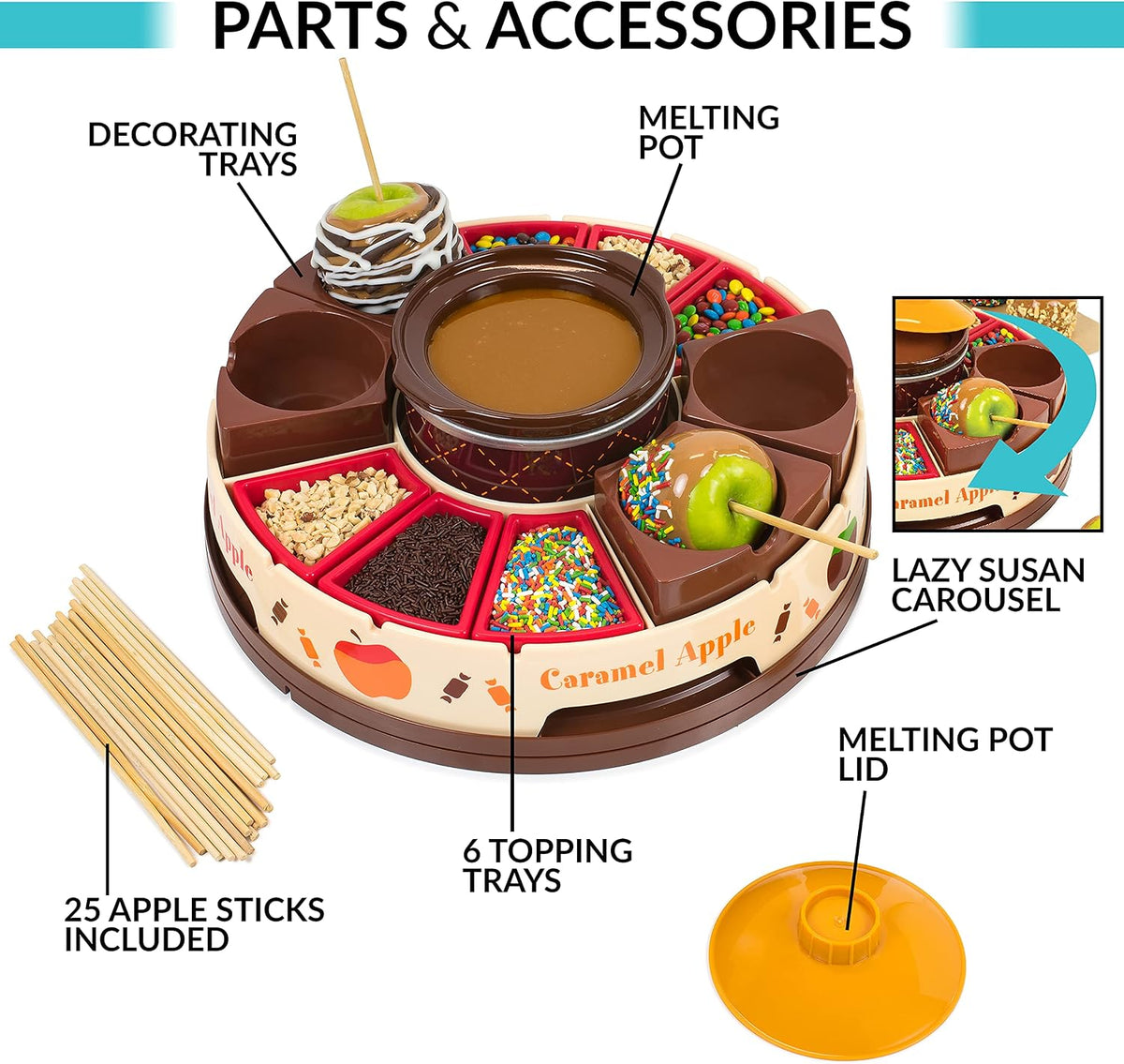 Chocolate & Caramel Fondue Pot, 25 Sticks, Fondue Machine with Decorating and Toppings Trays