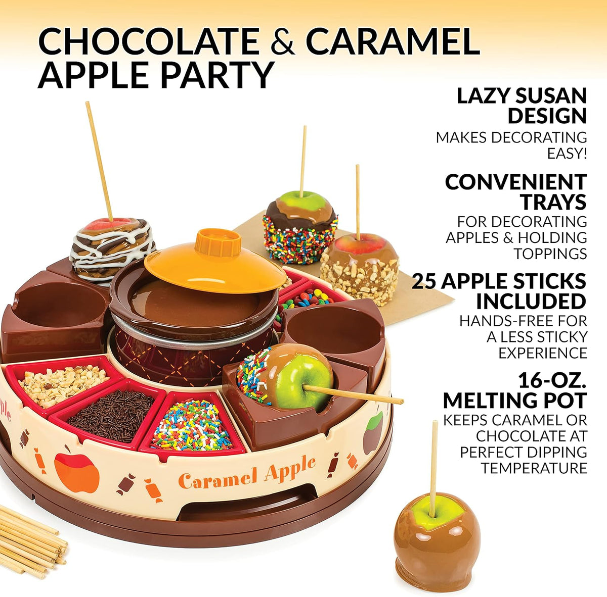 Chocolate & Caramel Fondue Pot, 25 Sticks, Fondue Machine with Decorating and Toppings Trays